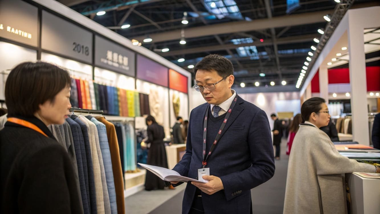 Business professional reviewing fabrics and discussing designs at a textile exhibition.