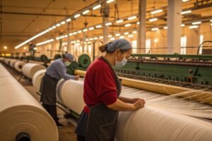 Workers operating textile machines in a factory.