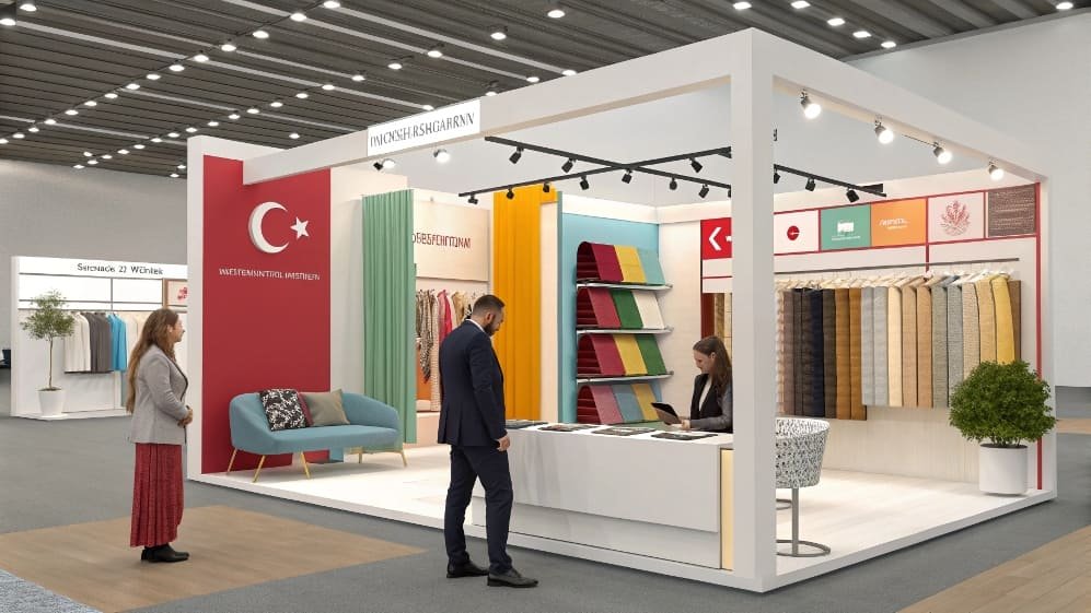 Modern textile exhibition booth displaying fabrics and garments.