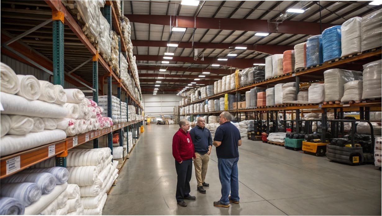 Three men talking in a large textile warehouse filled with fabric rolls.