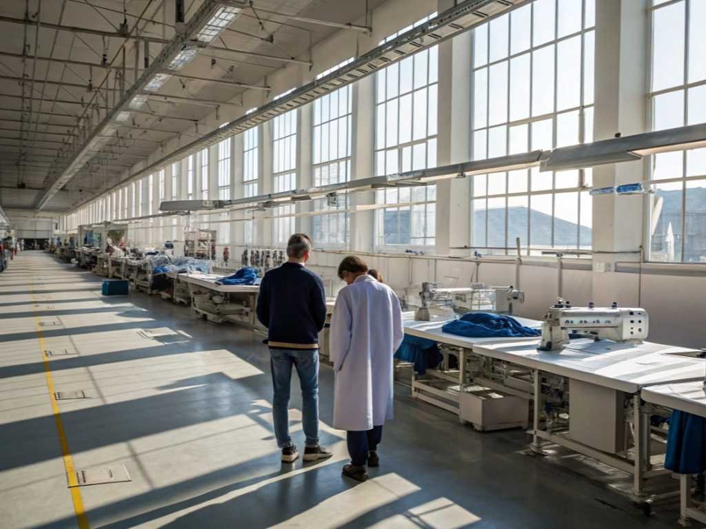 Two people walking through a spacious textile factory with sewing machines and large windows letting in sunlight.