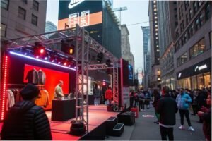 Outdoor streetwear fashion event with display and DJ