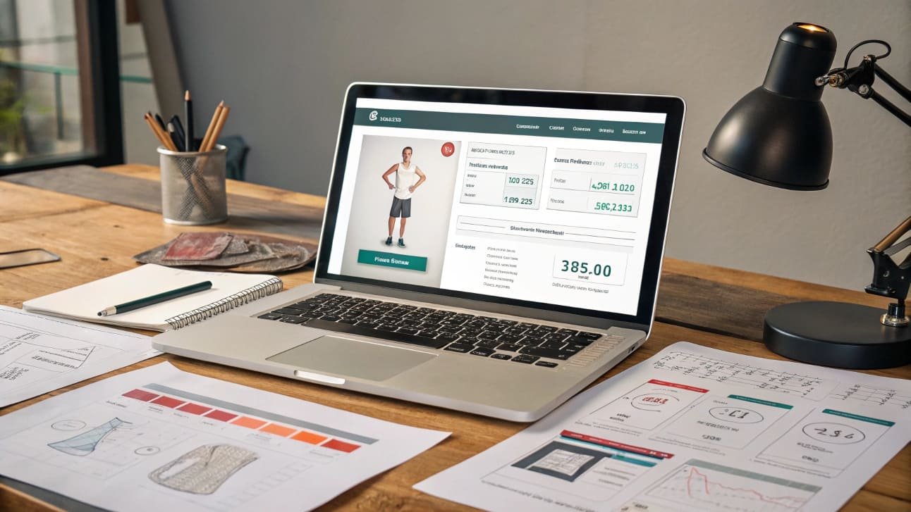 A person reviewing a digital clothing design and sales data on a laptop screen.