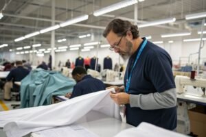 A worker inspecting fabric in a clothing manufacturing facility.