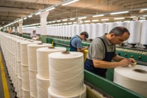 Workers in a textile factory inspecting and managing large spools of yarn.