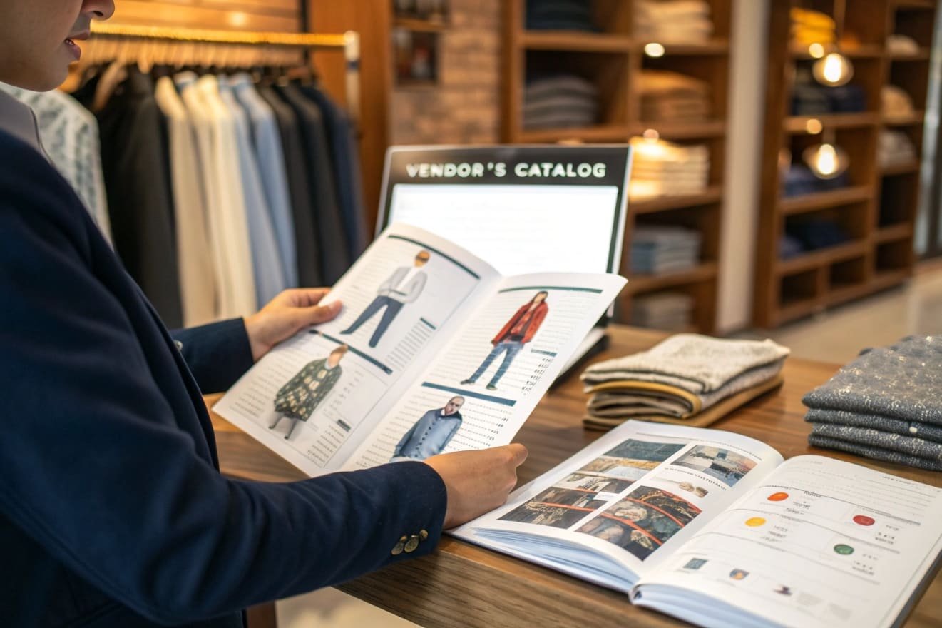 A person browsing a vendor's catalog for clothing styles in a retail store with neatly arranged garments.