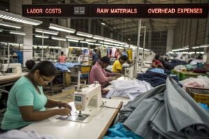Workers sewing garments in a factory with overhead signs displaying labor costs, raw materials, and overhead expenses.