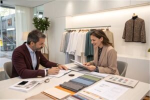 A man and a woman discussing fabric options and designs in a fashion showroom with clothing on display.