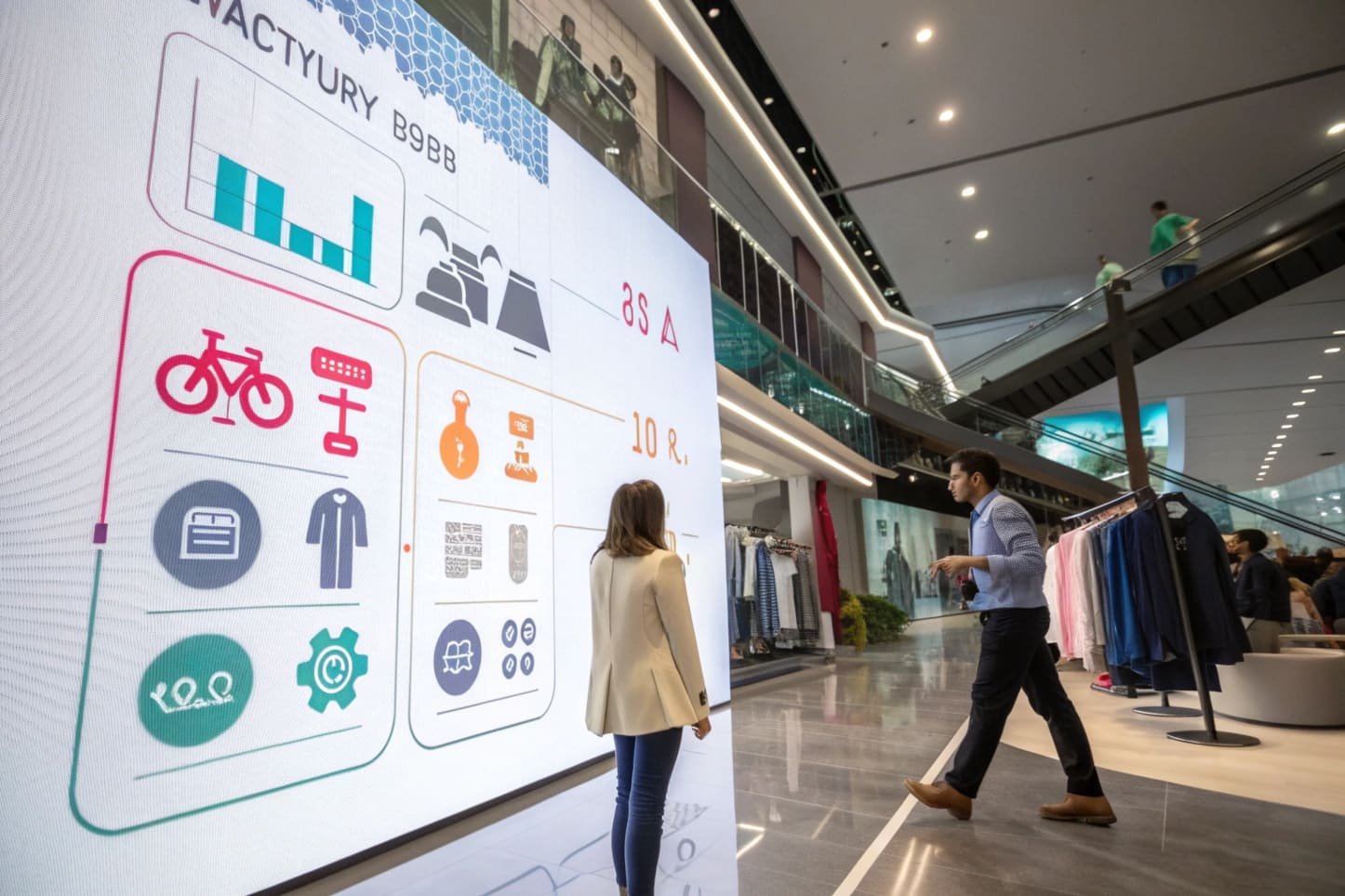 People walking in front of a digital display with factory icons and data in a modern retail space.