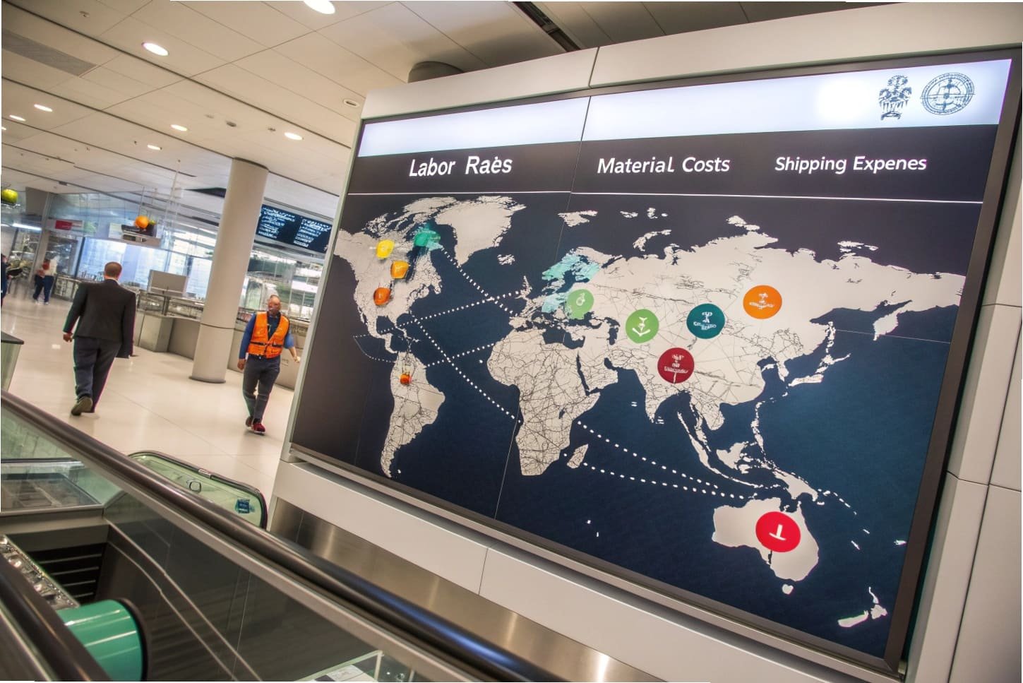 A digital map displaying labor rates, material costs, and shipping expenses worldwide in a public space.