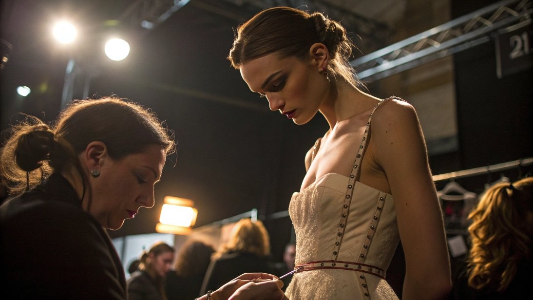 Designer adjusting model’s dress backstage before fashion show.