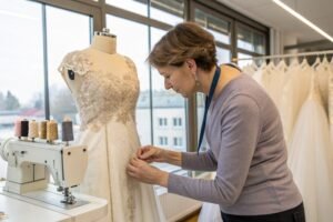 Seamstress adjusting lace details on a wedding dress mannequin