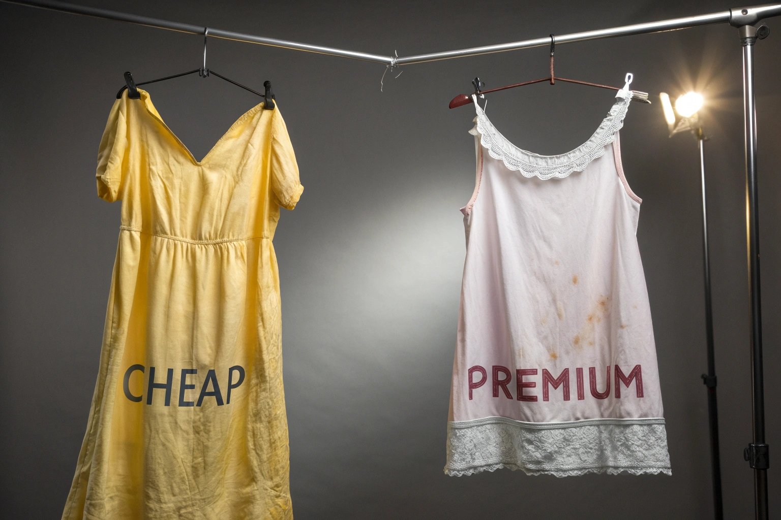 Two dresses on hangers labeled cheap and premium under studio light.