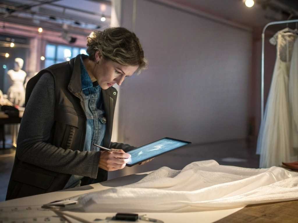 Designer using stylus on tablet with fabric and dresses nearby.