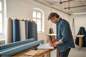 Fashion designer working in denim-focused textile studio