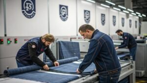 Workers in denim jackets inspecting rolls of denim fabric in factory.