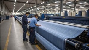 Workers inspecting light blue denim fabric on large industrial machine