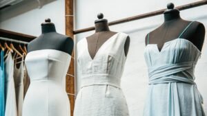 Three elegant dresses on mannequins in a fashion studio