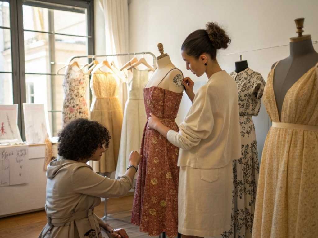 Two designers styling a floral dress on mannequin in boutique studio.