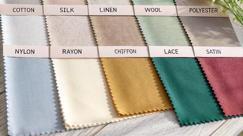 Fabric swatches of cotton, silk, linen, wool, polyester, nylon, rayon, chiffon, lace, and satin.