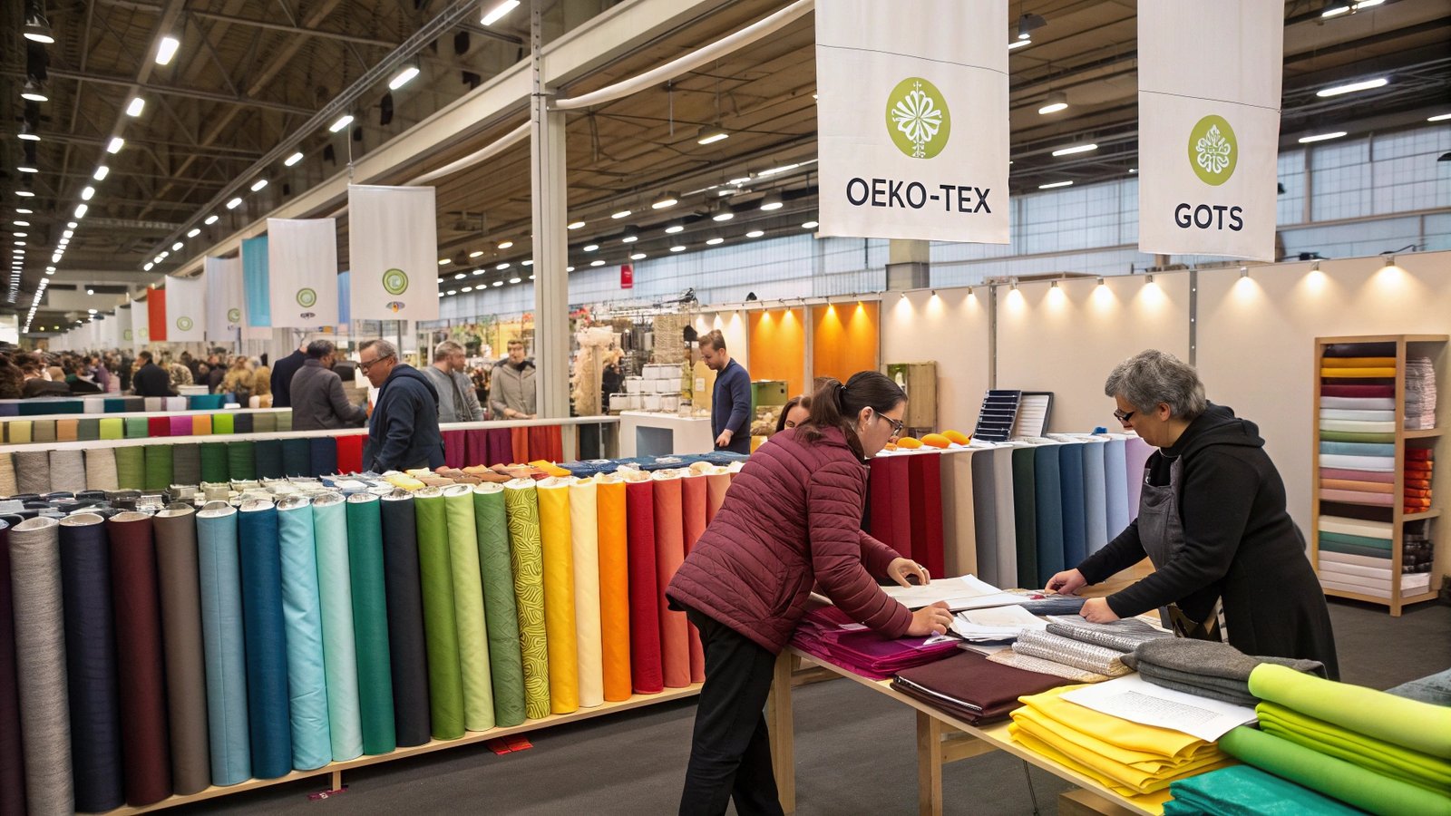Colorful fabric rolls displayed at textile trade fair with OEKO-TEX and GOTS certification signs