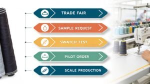 Textile sourcing process showing trade fair, sample request, swatch test, pilot order, and scale production