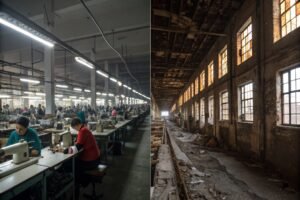 Side-by-side view of active garment factory and abandoned workshop.