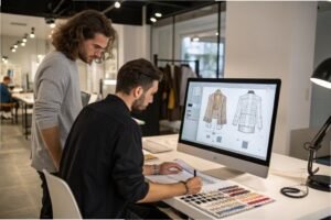 Two fashion designers reviewing garment sketches on computer.