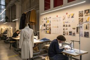 Designers sewing garments in fashion studio with mood boards.