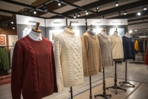 Display of wool sweaters from different countries on mannequins.