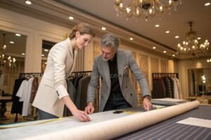 Designers measuring fabric on a table in an elegant tailoring studio.