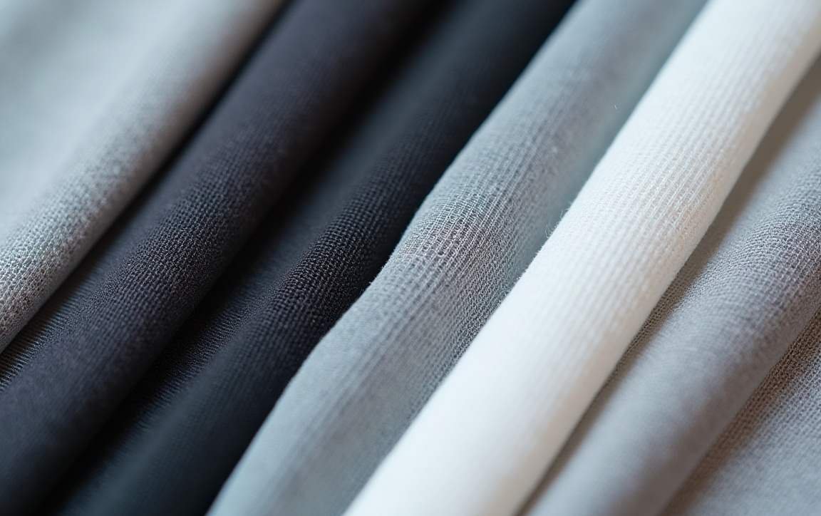 Close-up of cotton fabric rolls in shades of black, gray, and white.