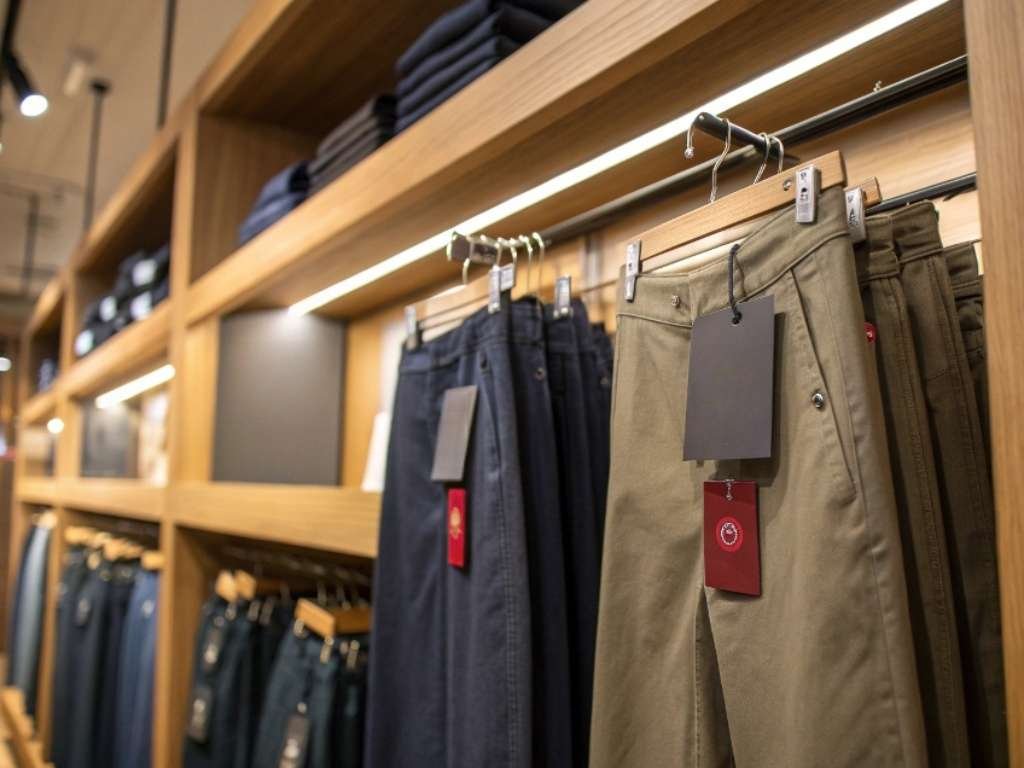 Close-up of neatly hung pants in a modern clothing store.
