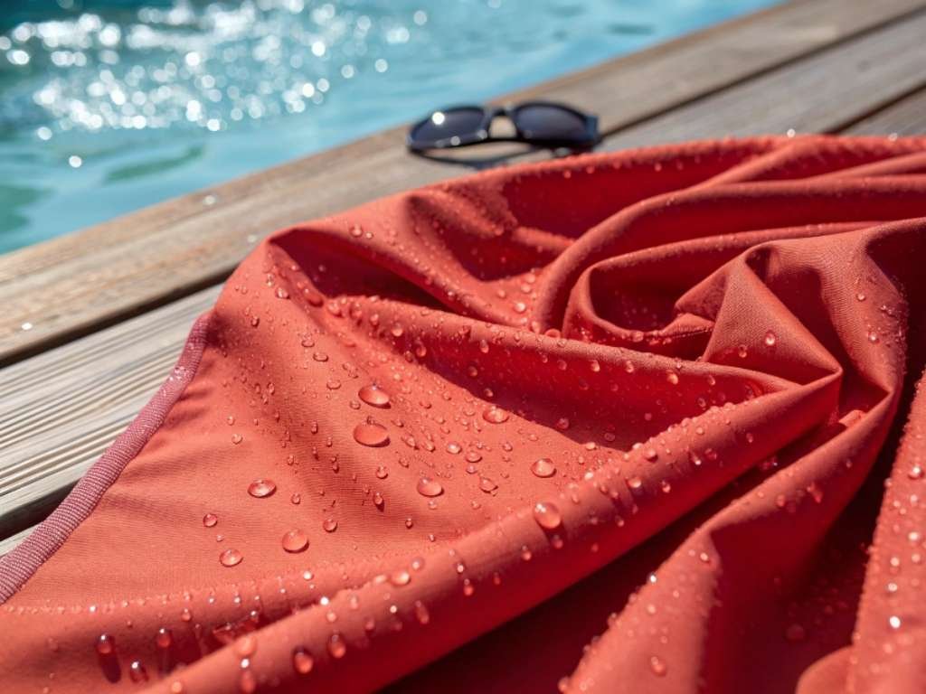 Wet red swimsuit fabric with water droplets by poolside.