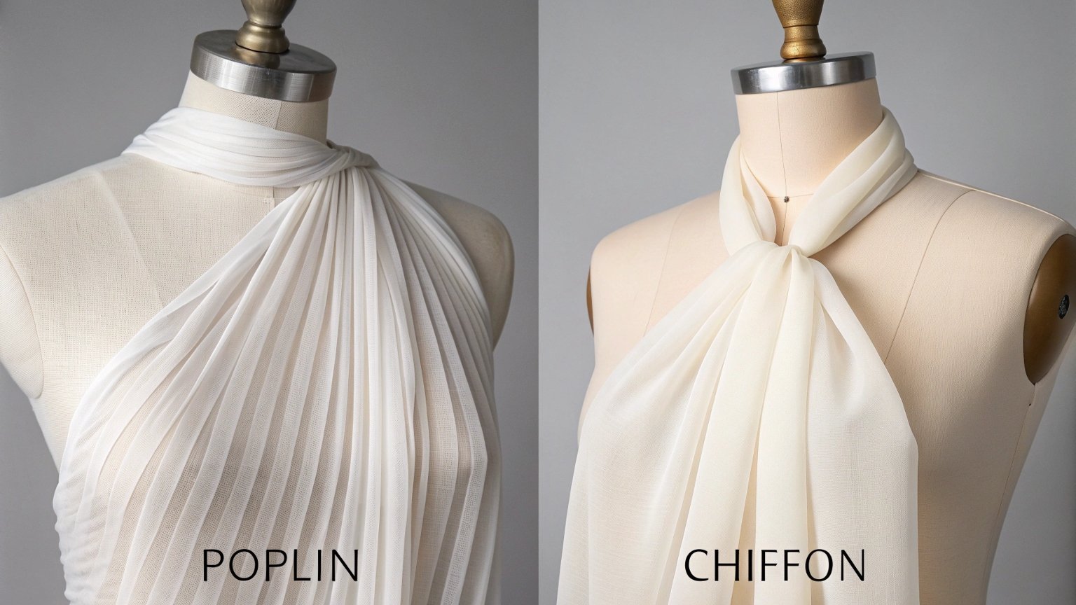 Side-by-side display of poplin and chiffon fabrics draped on mannequins.