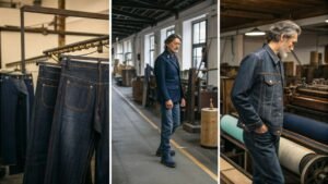 Premium denim jeans and jackets showcased in workshop setting.