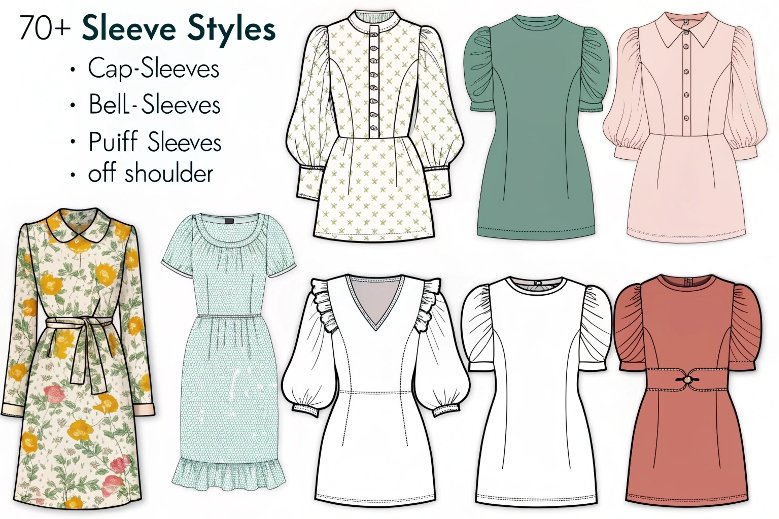 Fashion illustration of dresses and tops showcasing cap sleeves, bell sleeves, puff sleeves, and off shoulder styles.