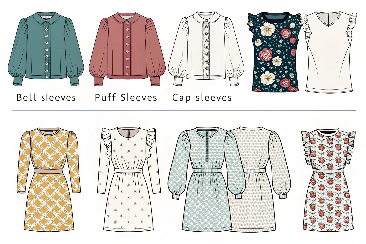 Fashion illustration showing different sleeve styles including bell, puff, and cap sleeves.