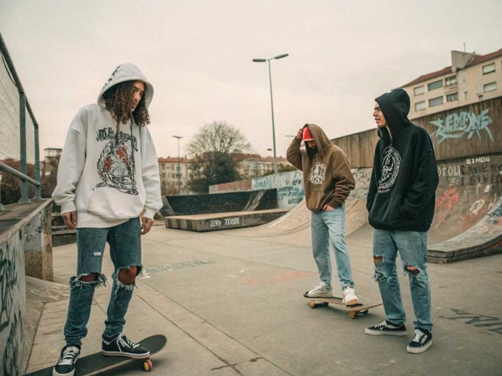Skaters wearing printed hoodies and distressed jeans at skatepark.