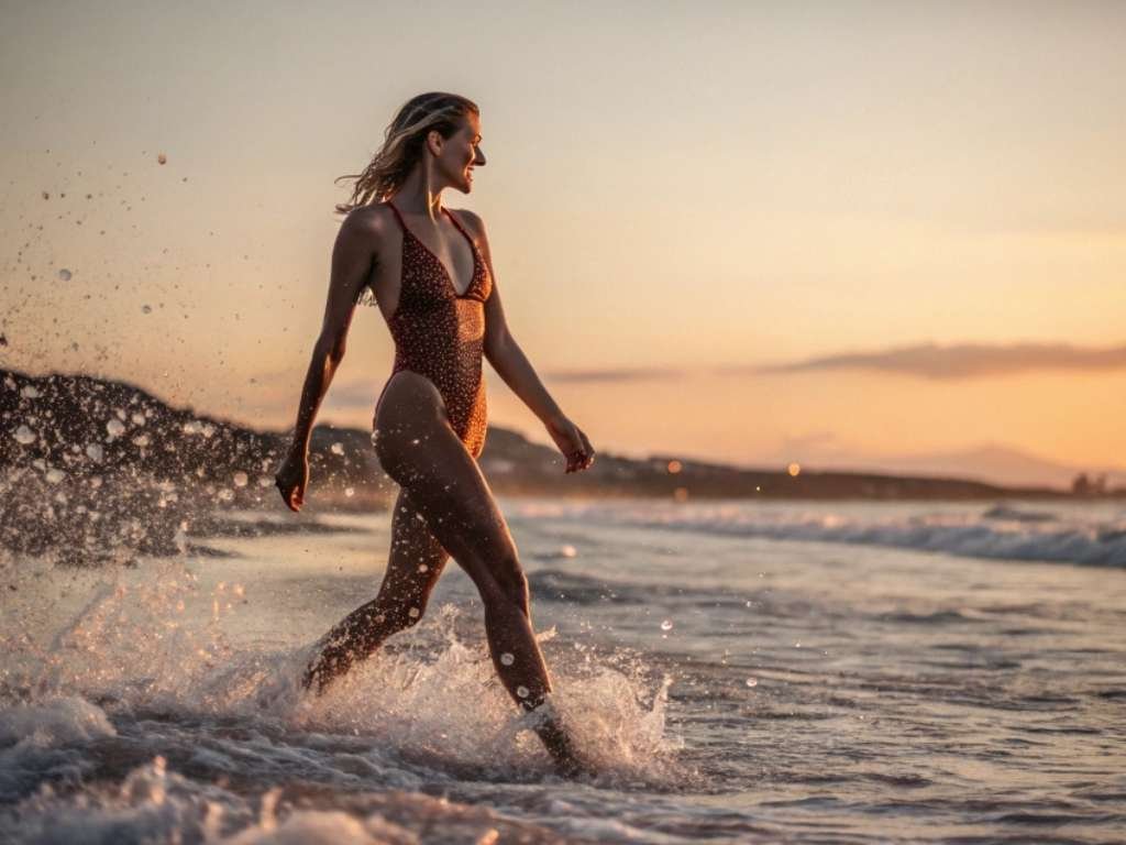 Woman in one-piece swimsuit walking through ocean waves at sunset.