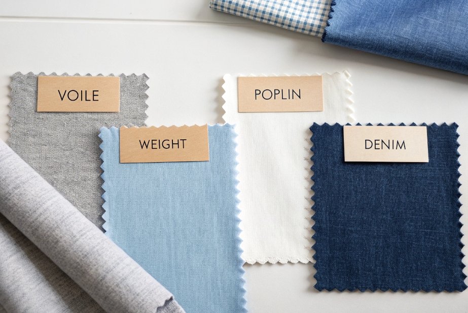Fabric swatches labeled voile, weight, poplin, and denim on a table