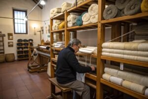 Man working with wool yarn rolls in traditional workshop.