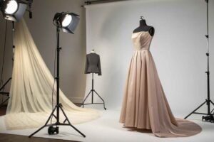 Elegant evening gown displayed on mannequin in professional photo studio.