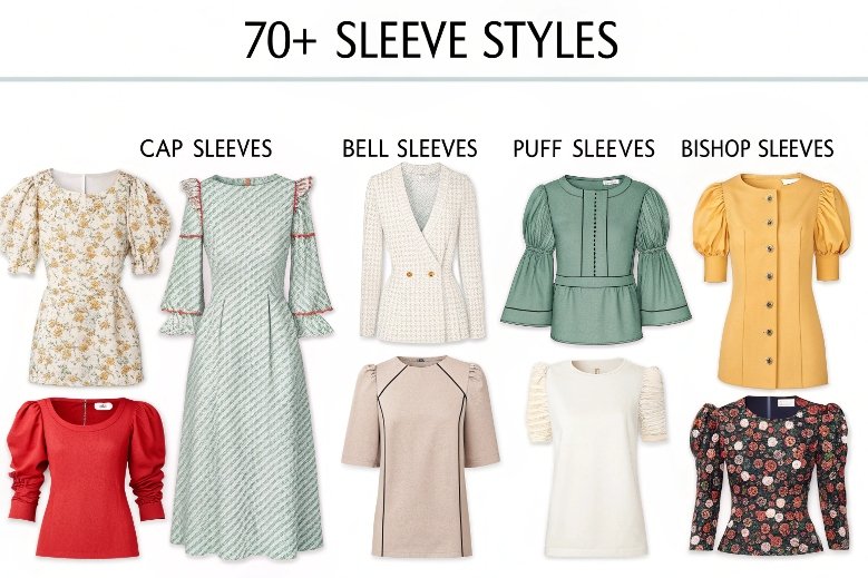 Fashion illustration showing 70+ sleeve styles including cap, bell, puff, and bishop sleeves.