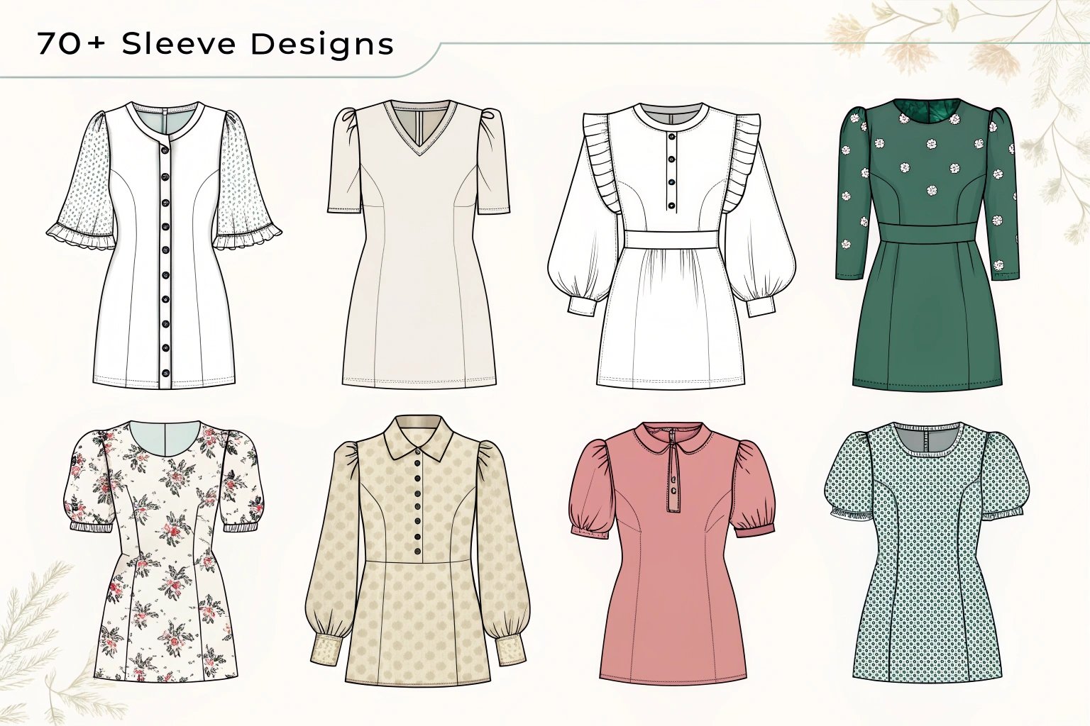 Fashion design illustration of dresses showcasing 70+ different sleeve styles in various patterns.