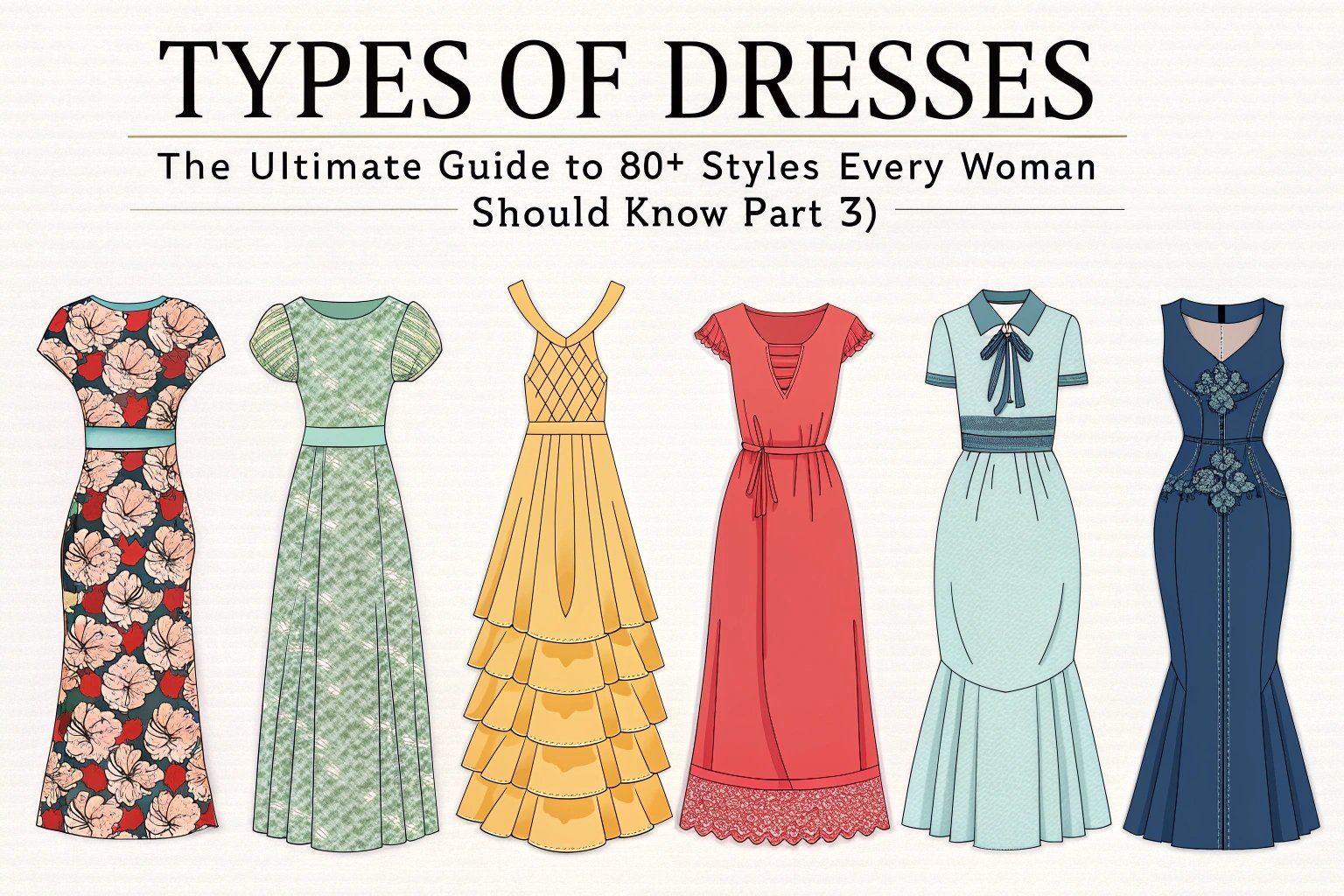 Fashion illustration showing different types of dresses with floral, layered, and fitted designs
