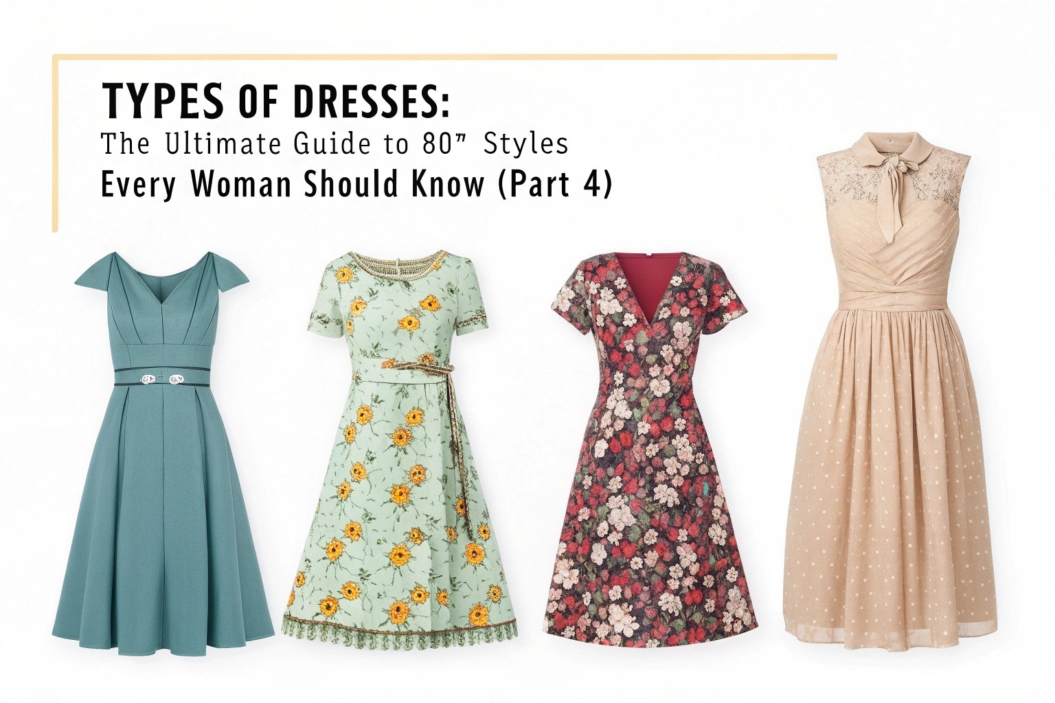 Fashion guide illustration featuring four different dress styles in floral and solid designs.