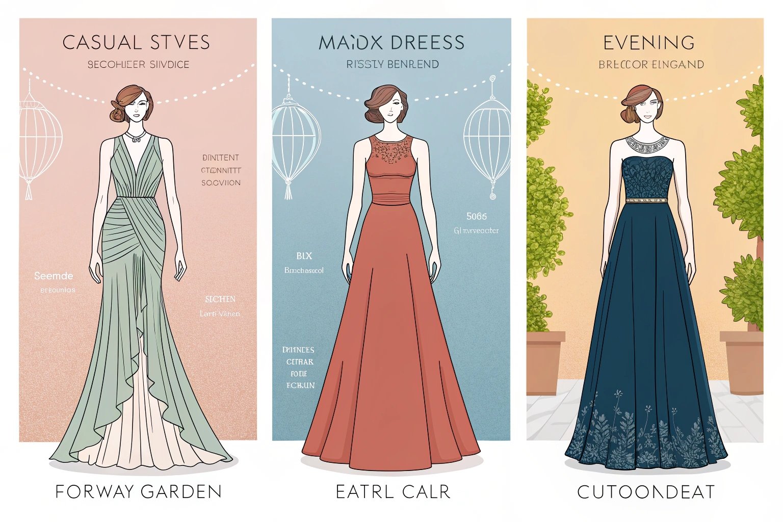 Illustrated fashion guide featuring elegant long dresses in different formal evening gown styles.