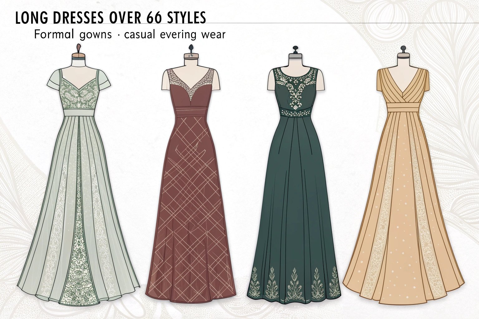 Illustrated fashion guide featuring elegant long dresses in different formal evening gown styles.