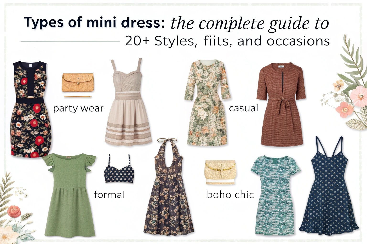 Fashion guide showcasing different types of mini dresses for party, casual, formal, and boho chic styles.
